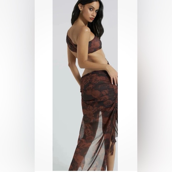 Jaded London Athena Maxi One Shoulder Dress Sz 8 Brown Rose Print Grunge - Picture 3 of 9